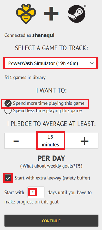 At the top, it shows the username it's connected at, and there's a dropdown with a list of all your games to pick what you want to track. Below that, there are radio buttons to choose whether you want to spend more or less time playing the chosen game, and then a box where you can either increase/decrease the default rate using the stepper buttons, or write in the number you want. This is per day, though there's a link to a modal that explains how to handle weekly rates if you like. Below that you can select to start with extra safety buffer, and enter the number of days of buffer to start with.