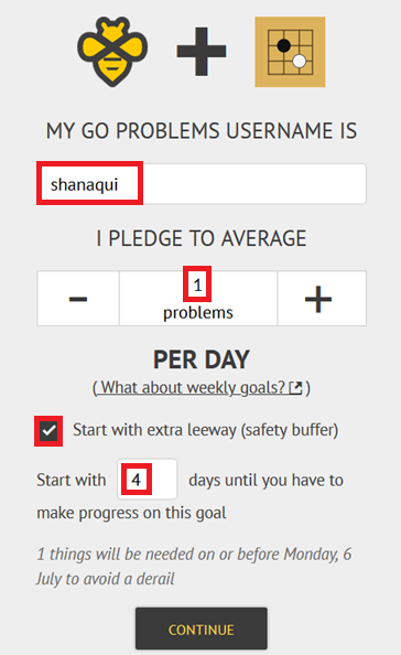 Beeminder + Go Problems: "My Go Problems username is", followed by a box to add your username. Below that, "I pledge to average" and a box you can write in a rate, with +/- stepper buttons if you want to use those to change the rate instead. The rate is per day, though there is a link below about weekly goals. Finally, you can check a box saying "Start with extra leeway", which allows you to configure when to begin the goal