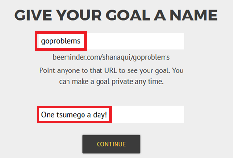 "Give your goal a name", followed by two text entry boxes. The first allows you to enter a short slug which will name your goal and create a URL for it. The second textbox allows you to set a short description, and is optional.