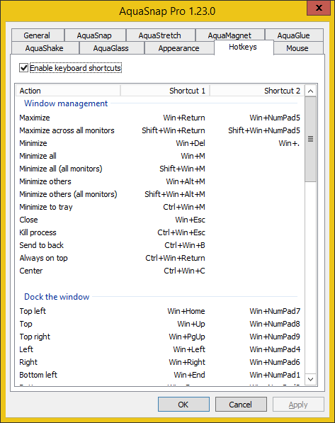 AquaSnap - Settings - Hotkeys