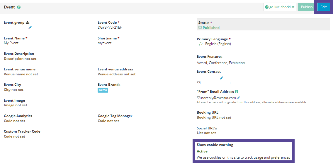 Image showing field titled 'Show Cookie Warning'
