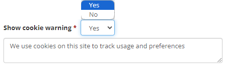 Image displaying cookie warning dropdown and editable message