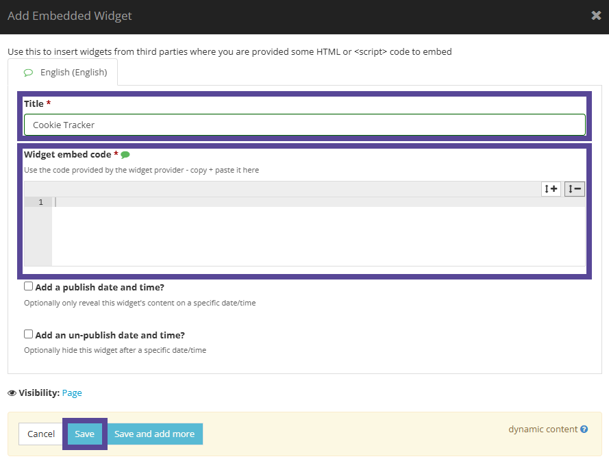 Image showing window when adding an embedded widget. 