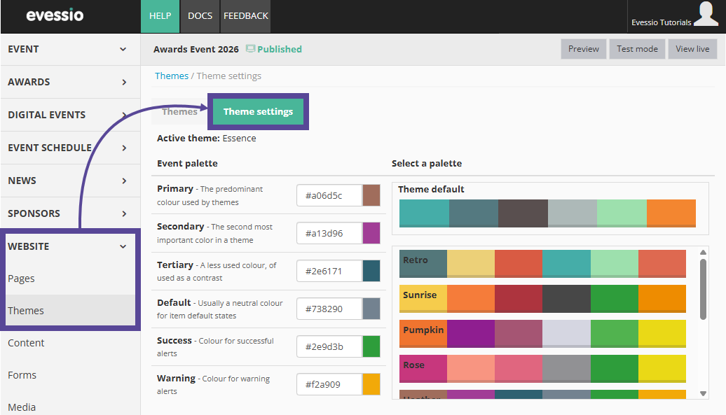 Image depicting location of Theme Settings tab inside the Website, Themes area.