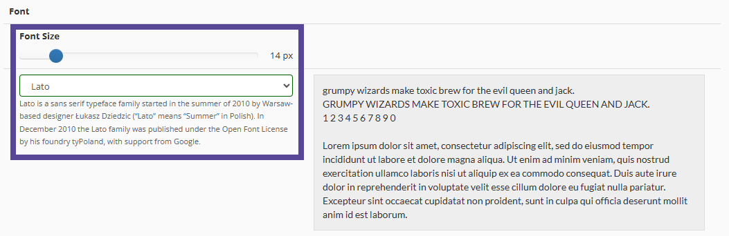 Image showing location of font selector and font size slider. 