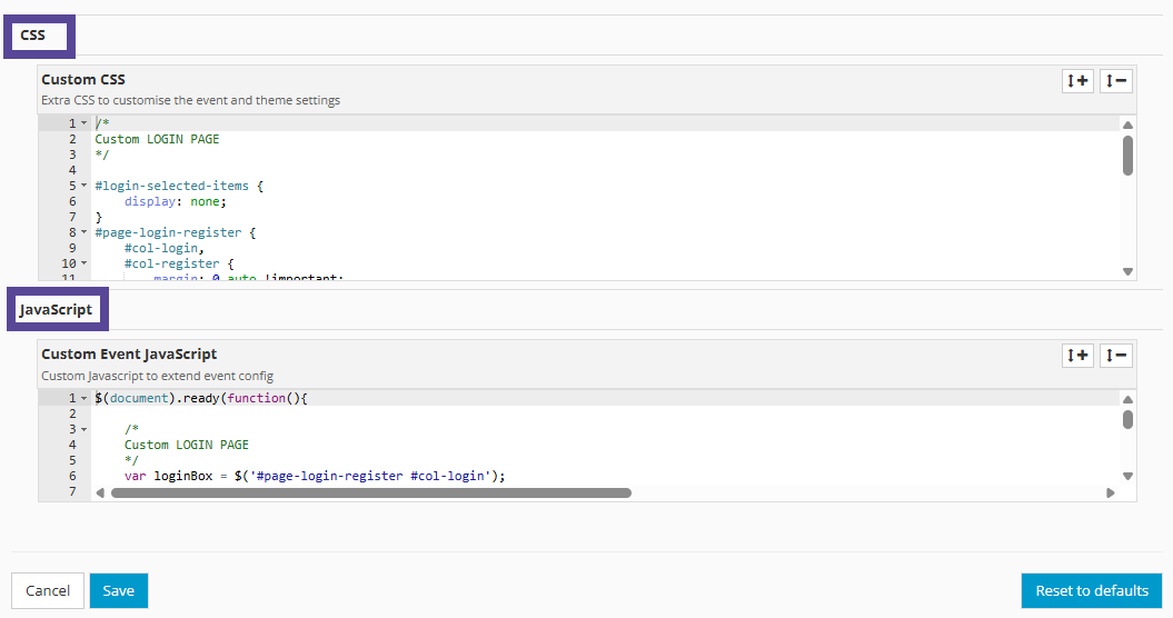 Image showing location of CSS and JavaScript input areas in Theme Settings