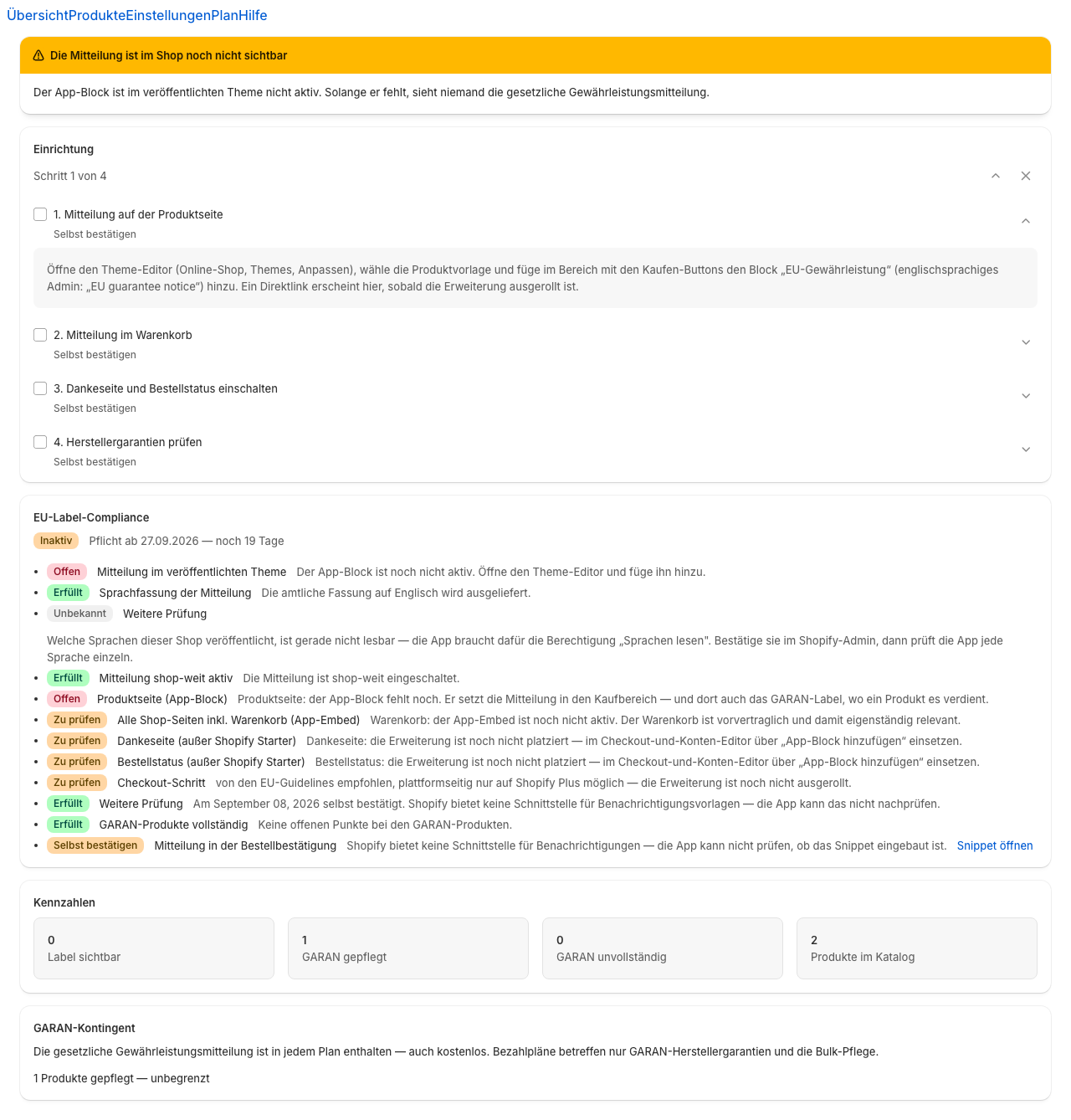 Die Übersicht mit der Einrichtungskarte, der Compliance-Karte, den Kennzahlen und dem GARAN-Kontingent