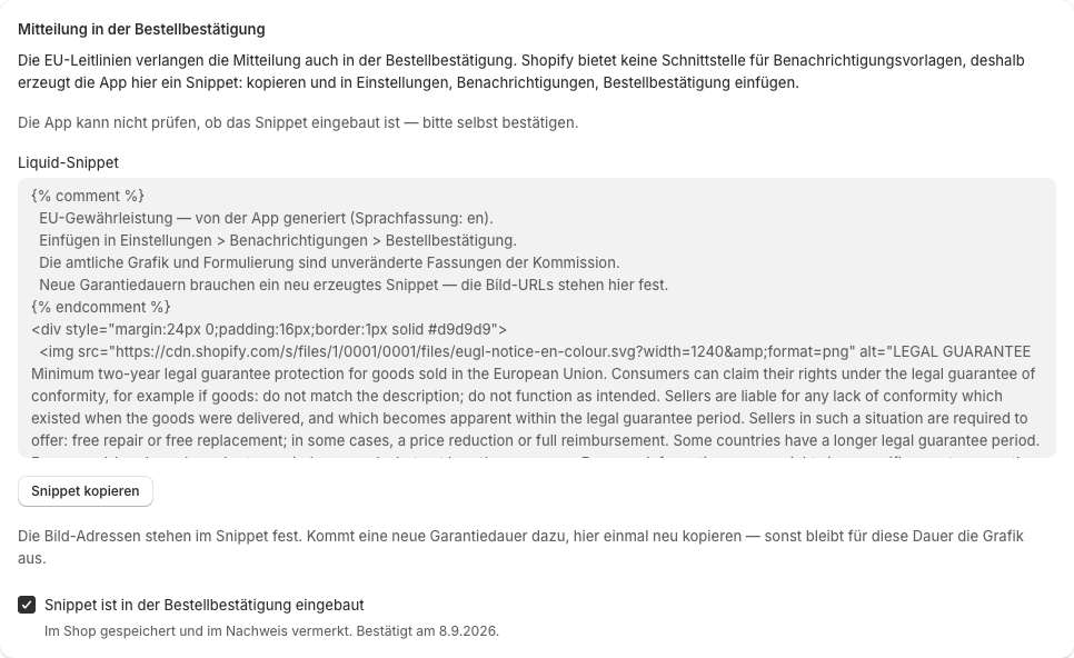 Der E-Mail-Bereich mit dem Liquid-Snippet zum Kopieren