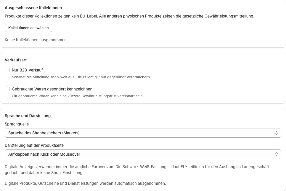 Der Bereich Einstellungen mit Sprachquelle, Verkaufsart und Darstellung