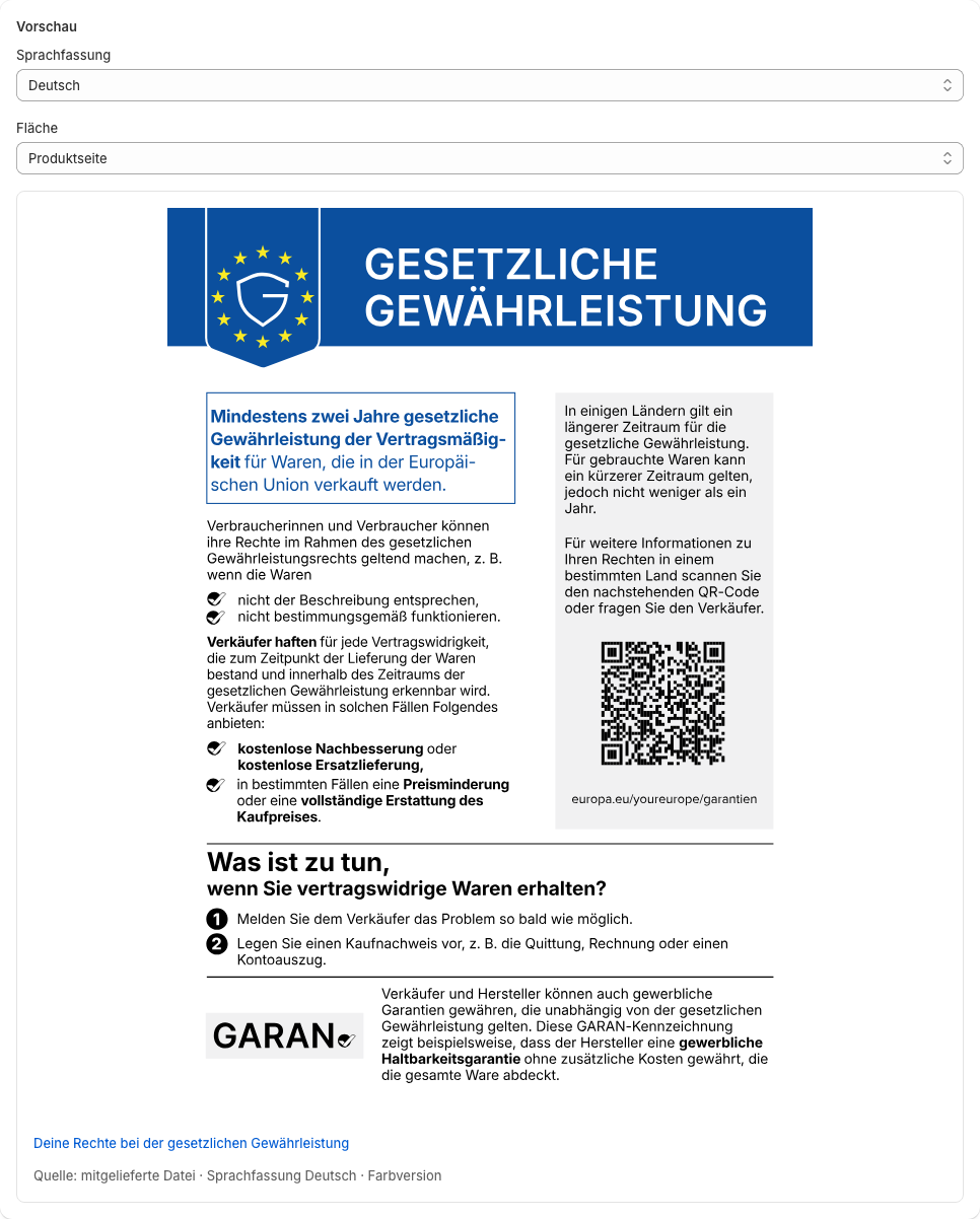 Die Vorschau mit Auswahl von Fläche und Sprachfassung
