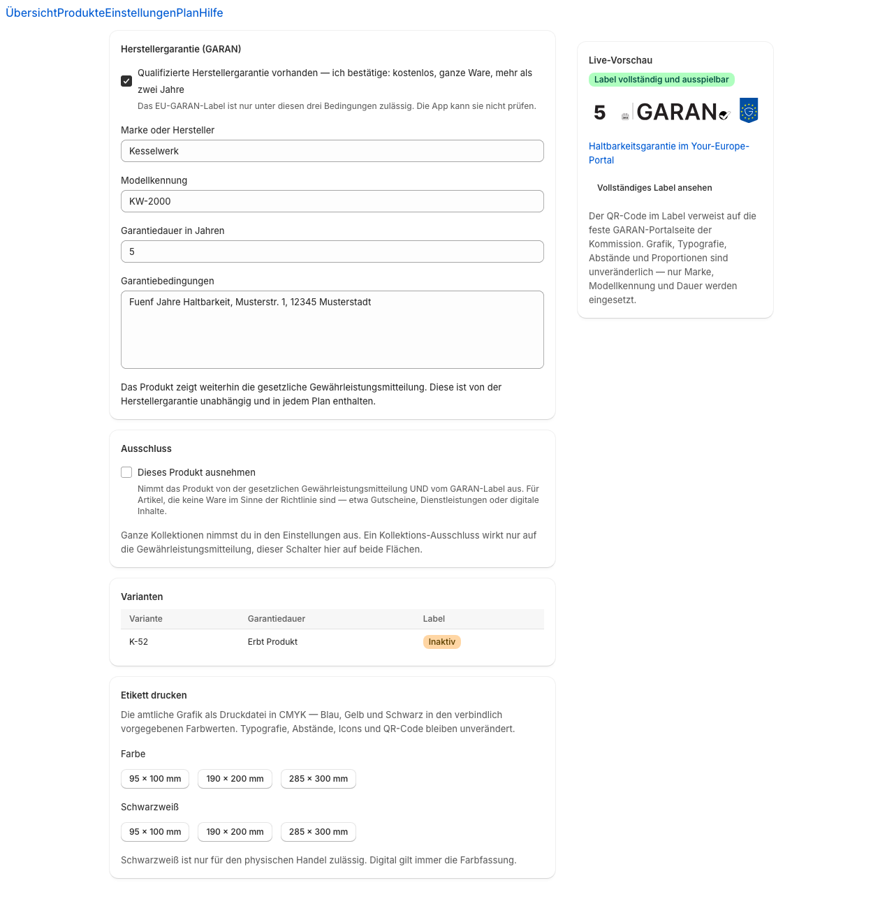Die Produktseite mit dem GARAN-Formular links und der Live-Vorschau rechts