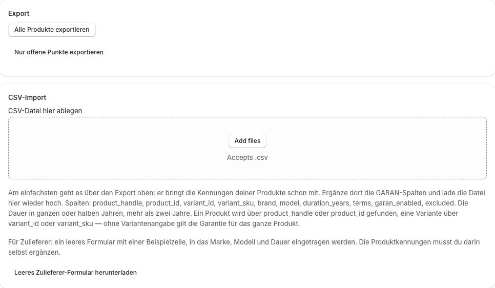 Der Bulk-Import-Bereich mit Vorlage, Ablagefläche und Fehlerbericht