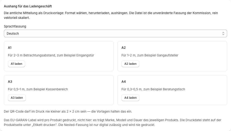 Der Poster-Bereich mit den Formaten A4 bis A1