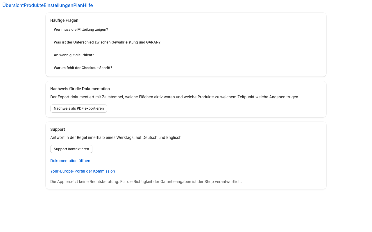 Die FAQ-Karte auf der Hilfe-Seite in der App