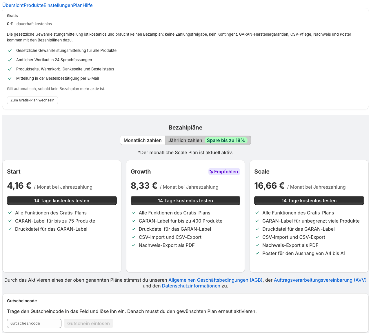 Die Plan-Seite bei aktivem Bezahlplan, mit dem Knopf zum Wechsel auf den Gratis-Plan