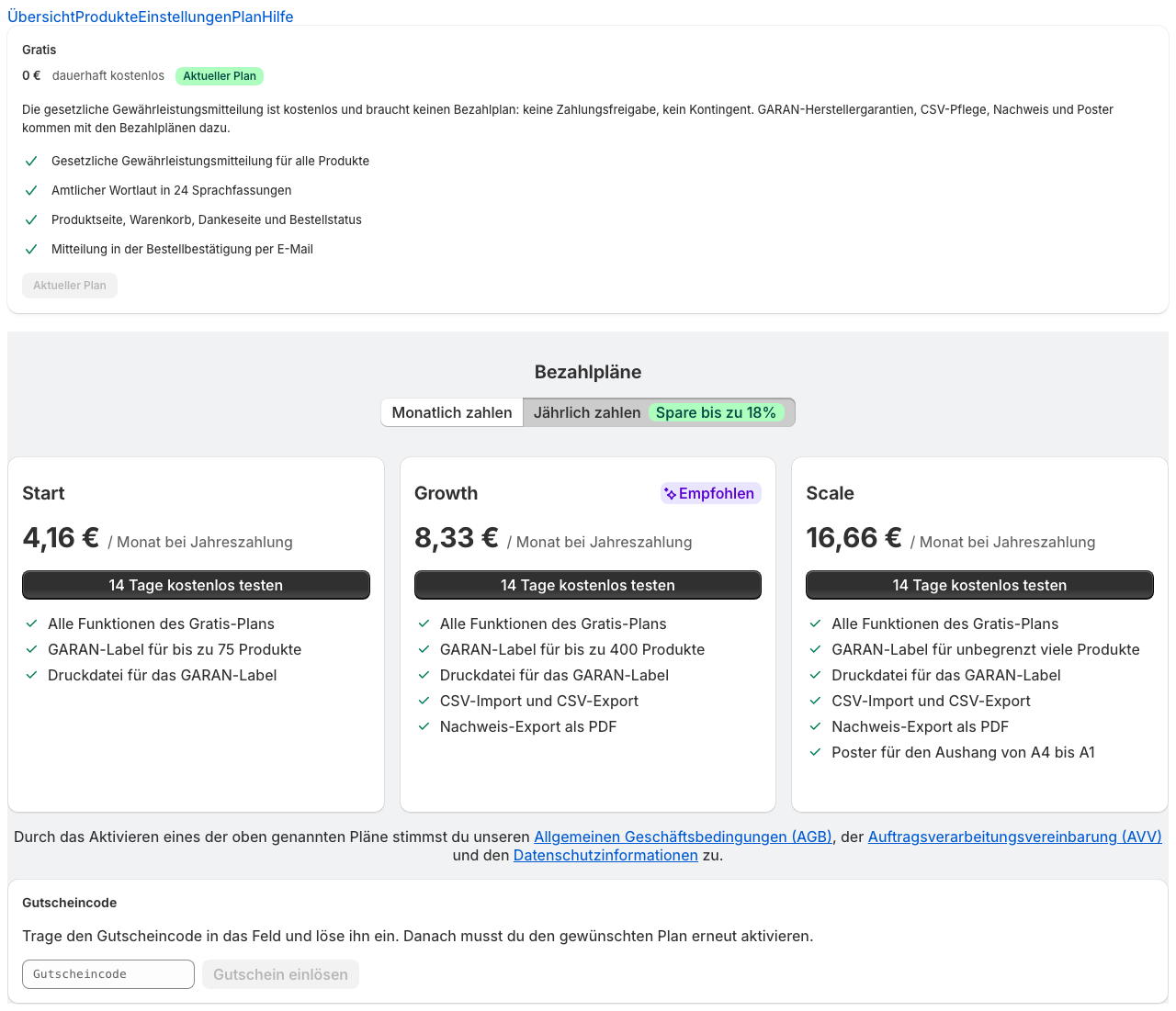 Die Plan-Seite im Gratis-Zustand: Gratis-Karte oben, darunter die drei Bezahlpläne mit Monats- und Jahresumschalter