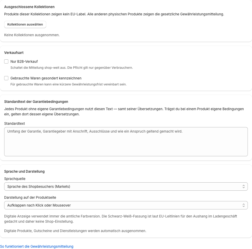 Der Standardtext der Garantiebedingungen in den Einstellungen