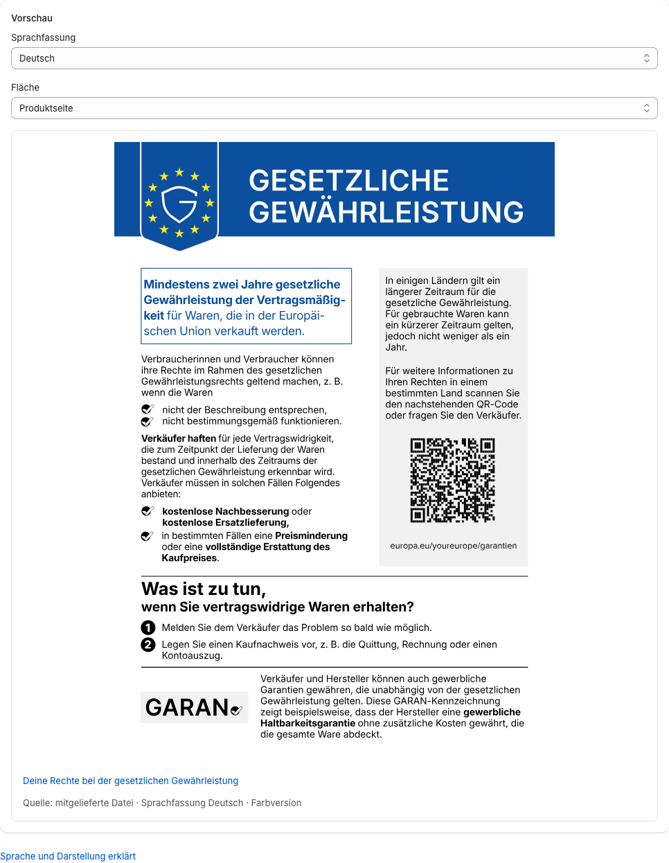 Die Vorschau mit Auswahl von Fläche und Sprachfassung
