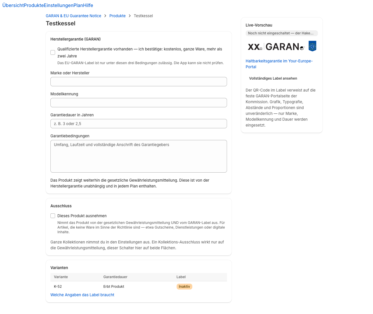 Die Produktseite mit dem GARAN-Formular links und der Live-Vorschau rechts