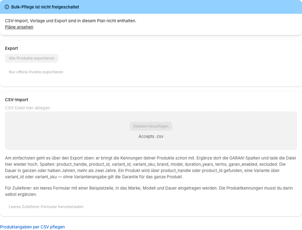 Der Bulk-Import-Bereich mit Vorlage, Ablagefläche und Fehlerbericht
