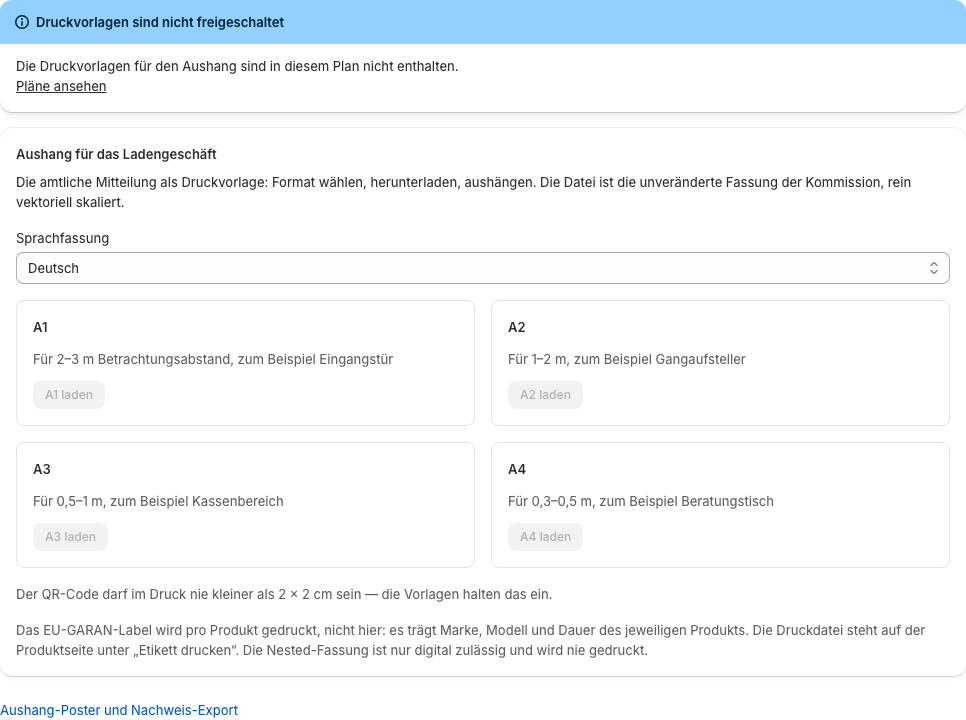 Der Poster-Bereich mit den Formaten A4 bis A1