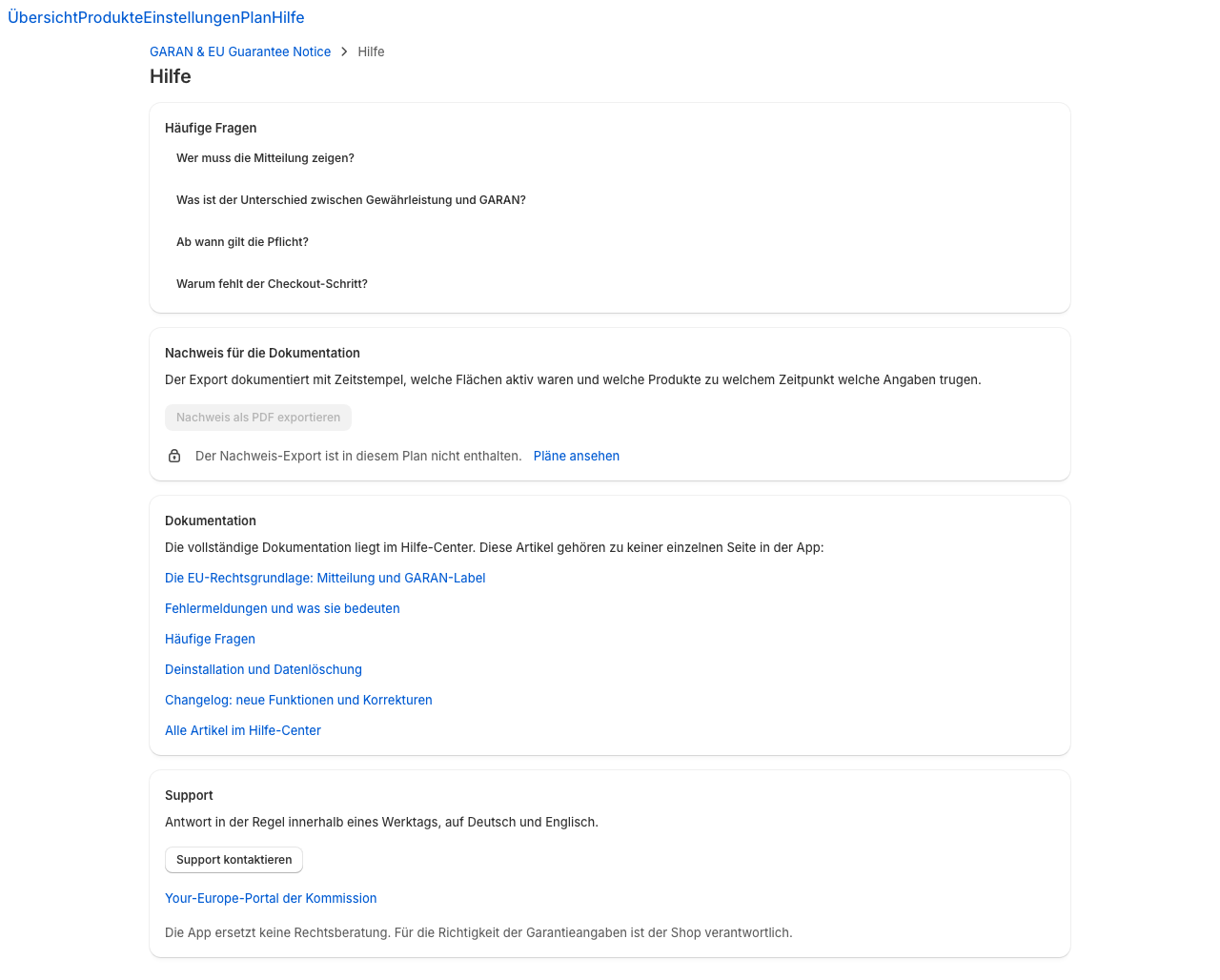 Die FAQ-Karte auf der Hilfe-Seite in der App