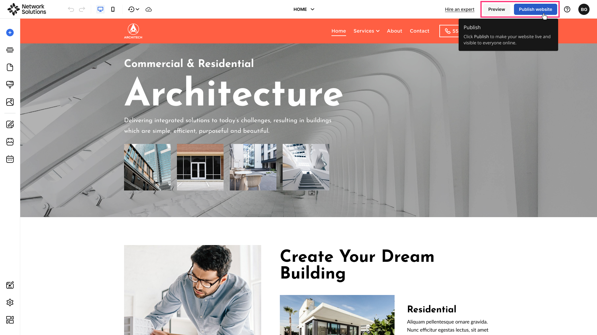 Publish Website button in highlighted in the top-right corner of the Site Editor.