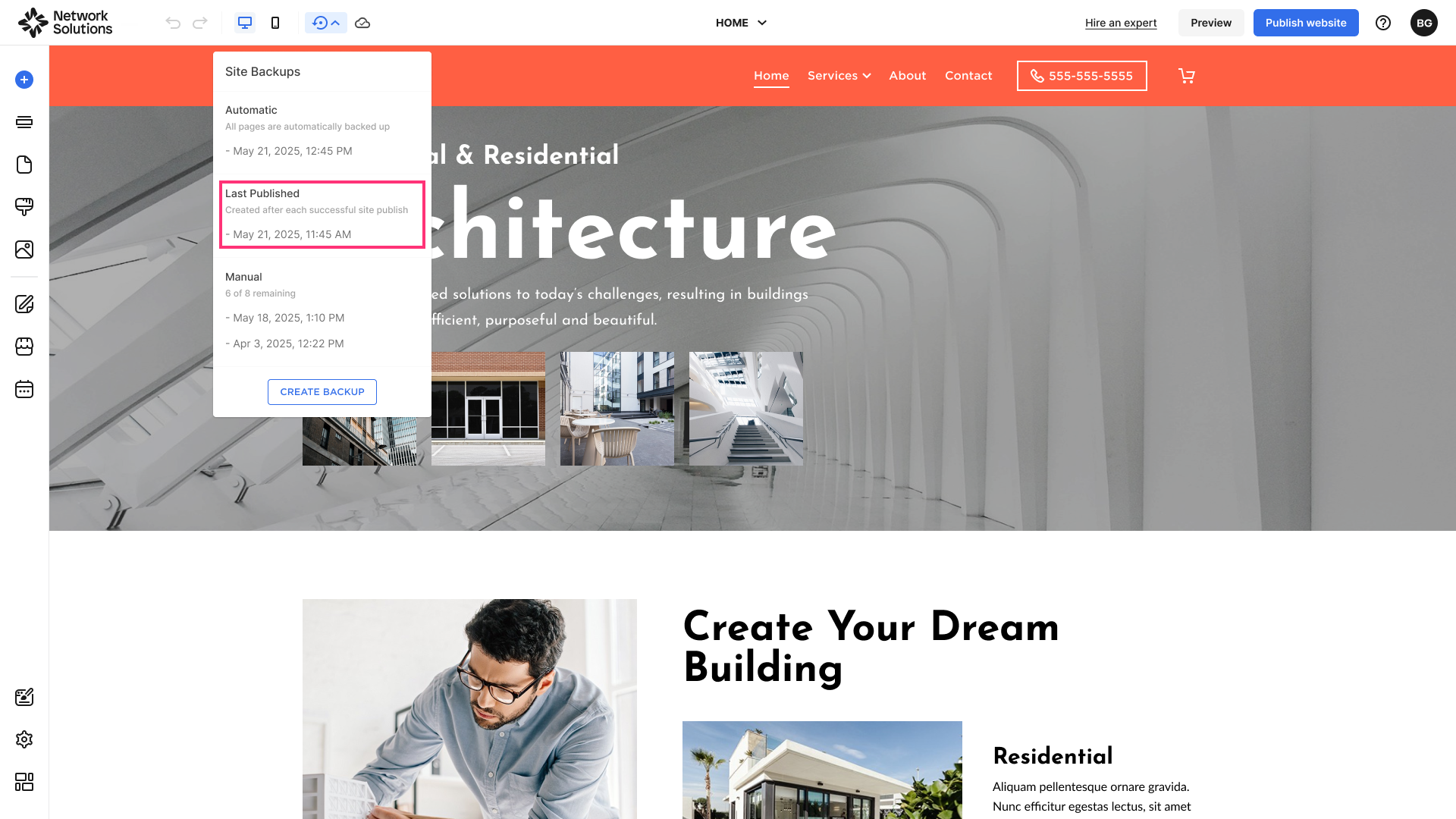 The Site Backups menu is open, with Last Published outlined. It reads “Created after each successful site publish”