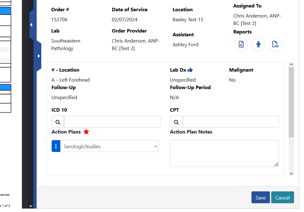 Screenshot of the updated user interface highlighting the final diagnosis (DX) and CPT codes. The location of these codes is shown to reflect the new UI layout.
