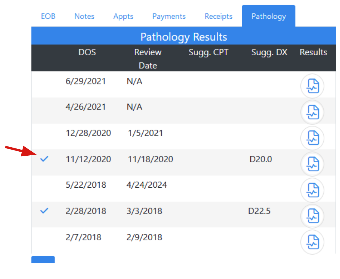 Screenshot displaying the pathology results section, with checkmark indicators aligned on the left side to denote selected or verified items.