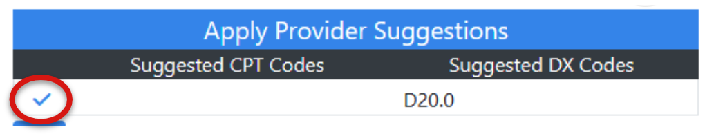 Screenshot illustrating a checkmark icon located near the ‘Apply Provider Suggestions’ section of the interface.