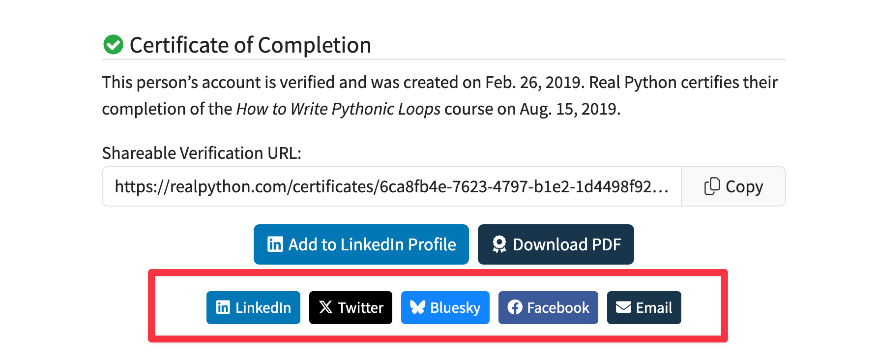 The social media sharing buttons on the certificate page