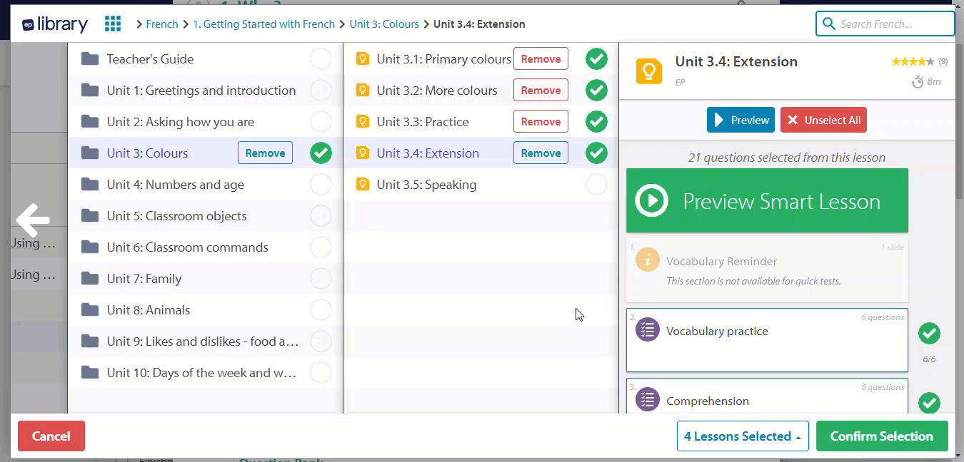 gif showing selecting different sections of a smart lesson to assign