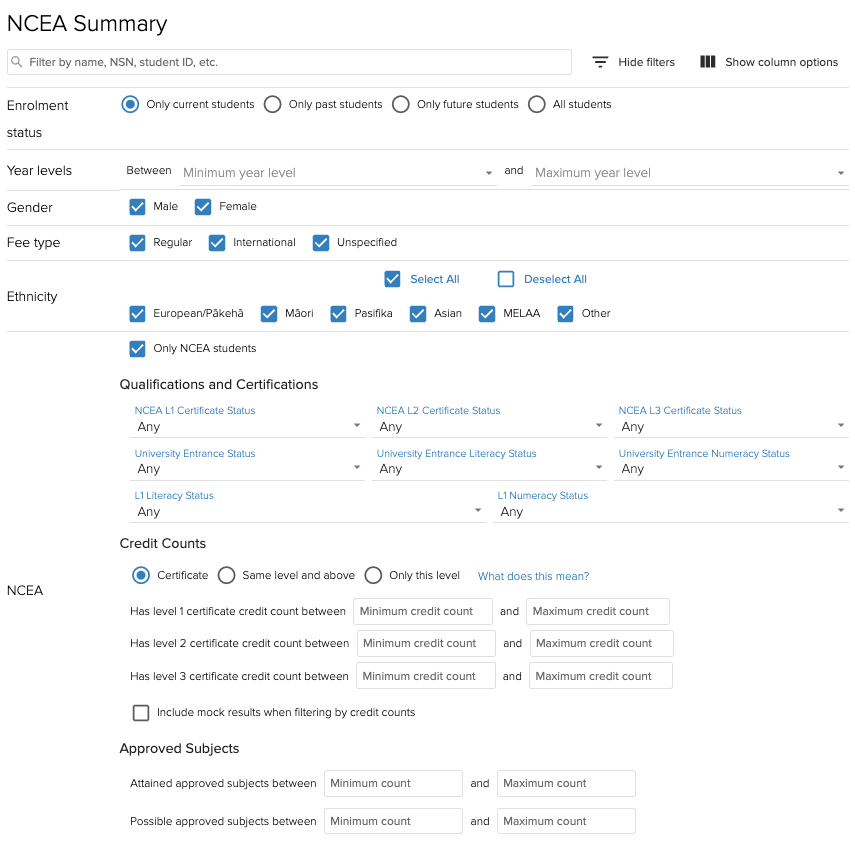 NCEA summary report options