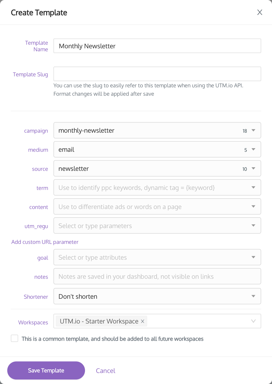 Create Template window