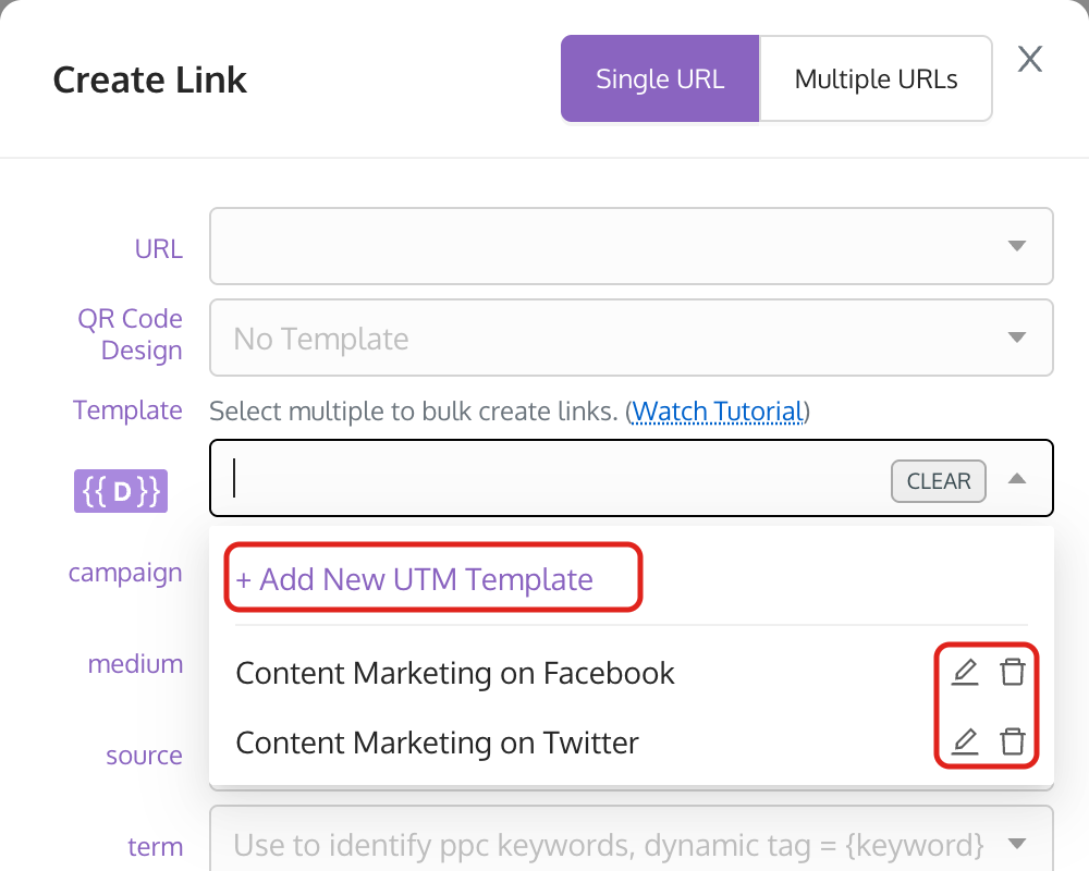 Template dropdown in the link builder, with + Add New UTM Template and the edit and delete icons