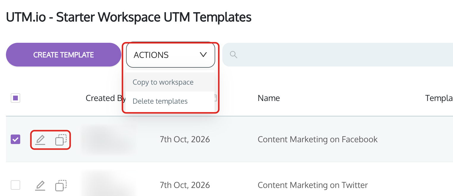 Templates page with the edit and duplicate icons and the Actions menu