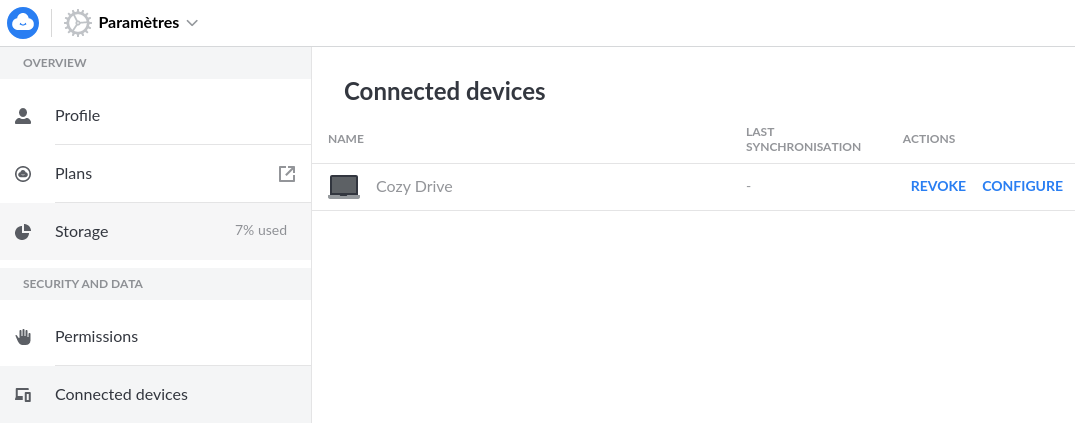 Screenshot of the Parameters / Connected devices section