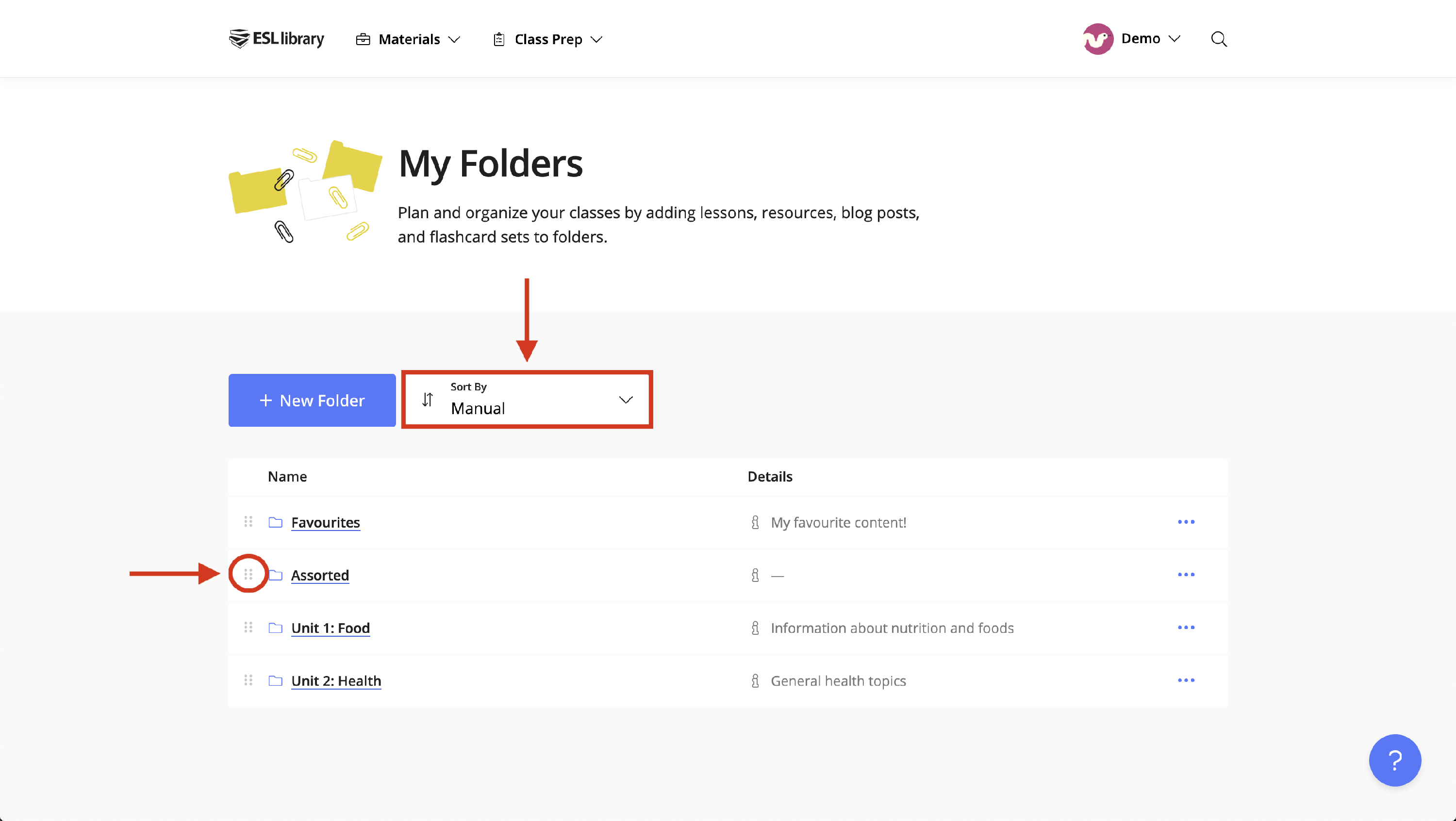 How to sort folders manually esl library help docs