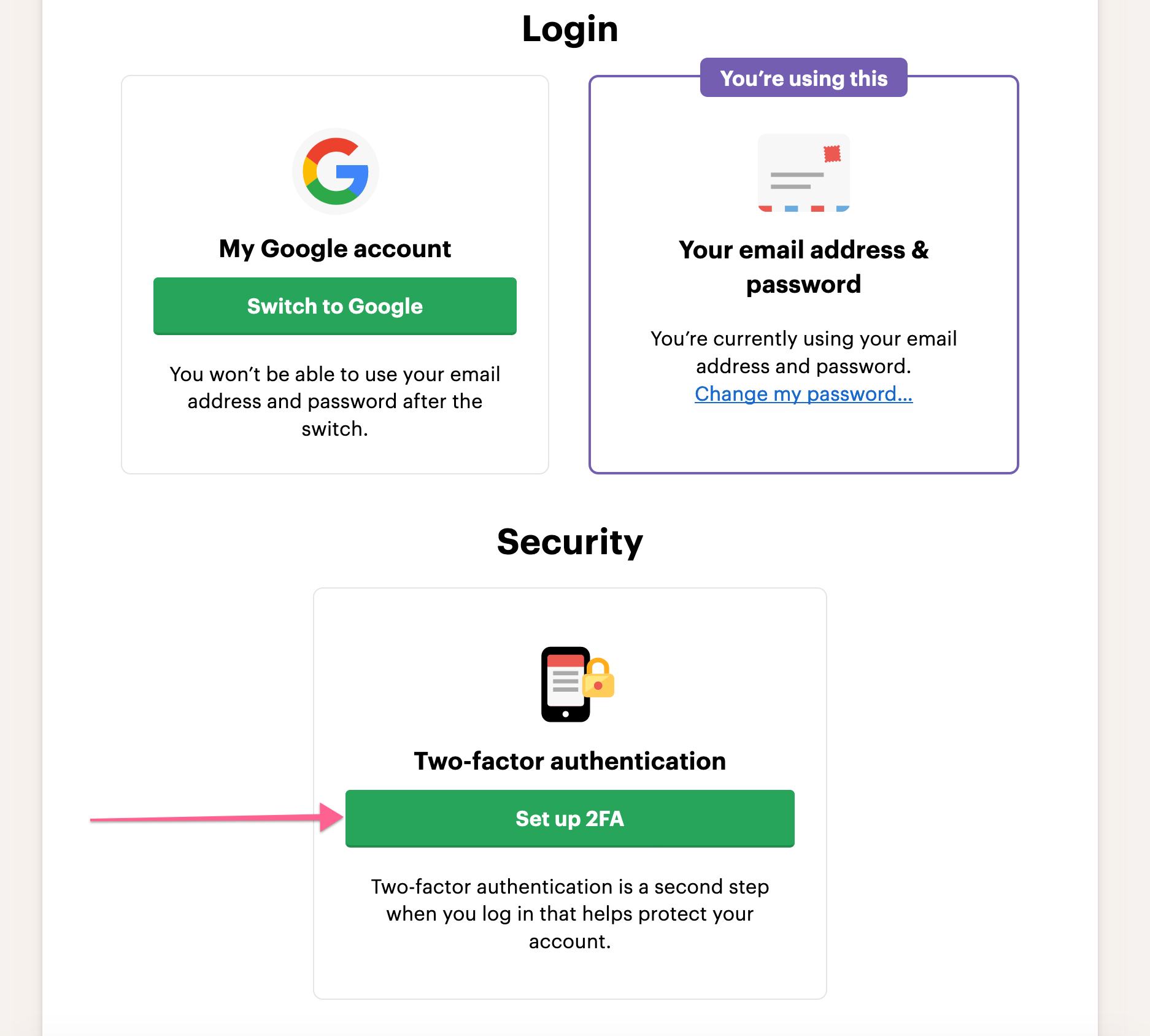 Screenshot of an arrow pointing to the "Set up 2FA" button