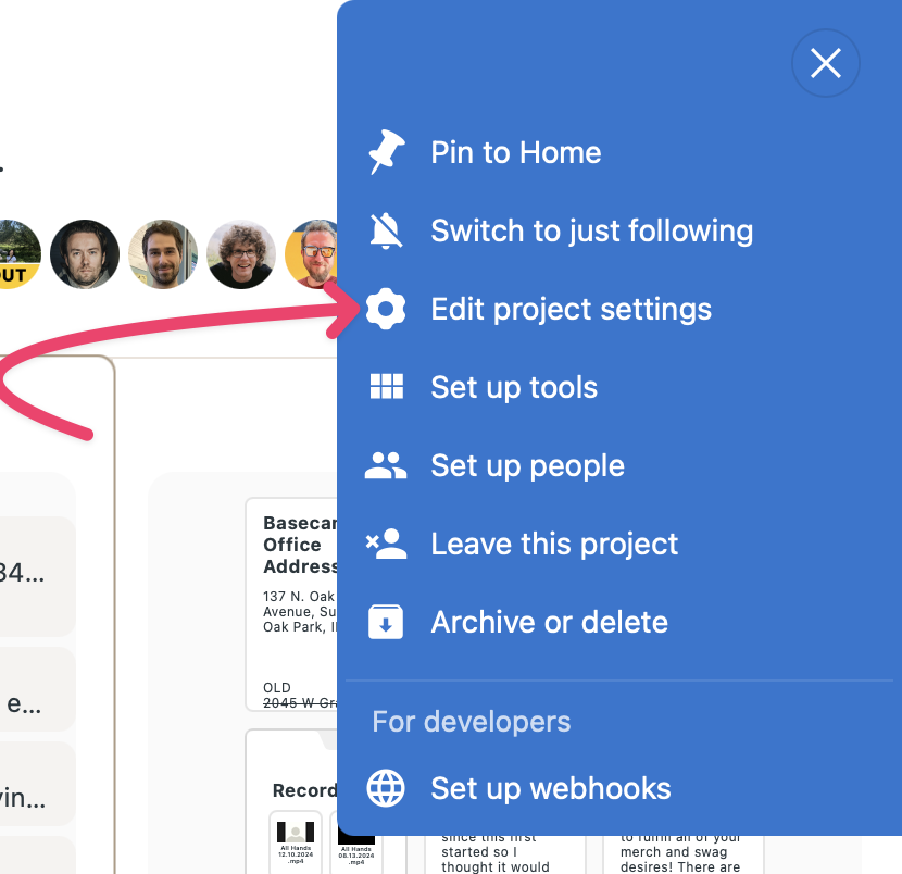 Screenshot of the project page with an arrow pointing at the edit project settings option