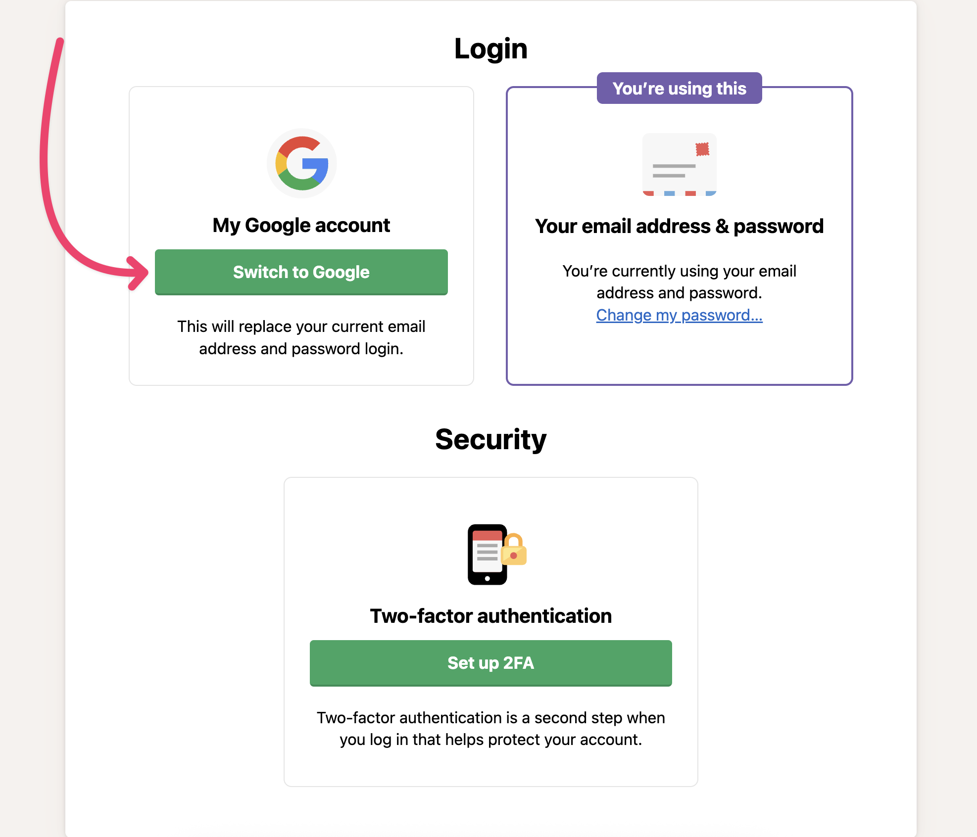 an image showing a red arrow pointing to the switch to google option on the login page