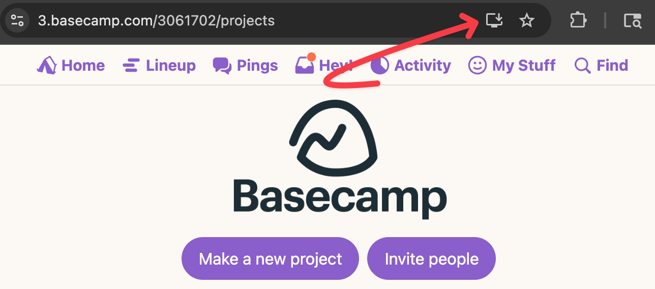 A screenshot of a Basecamp account open in a Chrome browser with an arrow pointing to the Installation button located within the URL bar.