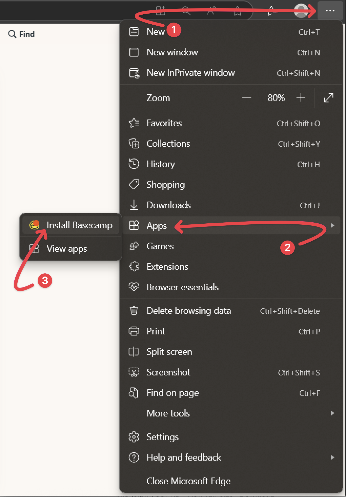 A screenshot of a Basecamp account opened in an Edge browser on Windows. The more options menu and Apps option menu within are open. There is a number 1 and an arrow pointing to the more options menu. There is also a number 2 and arrow pointing to the Apps option and a number 3 with an arrow pointing to the Install Basecamp option.