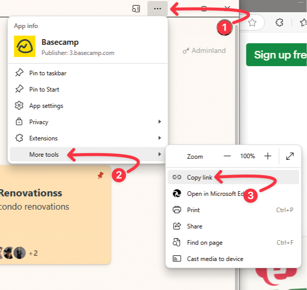 A screenshot of Basecamp opened in the Edge PWA with the More options menu open. There is a number 1 and arrow pointing to the more options menu located on the top-right corner of the PWA window. There is also a number 2 with an arrow pointing to the More tools option and a number 3 with an arrow pointing to the Copy Link option.