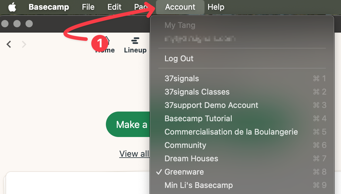 A screenshot of the Accounts menu open showing list of Basecamp 4 accounts available to the user.