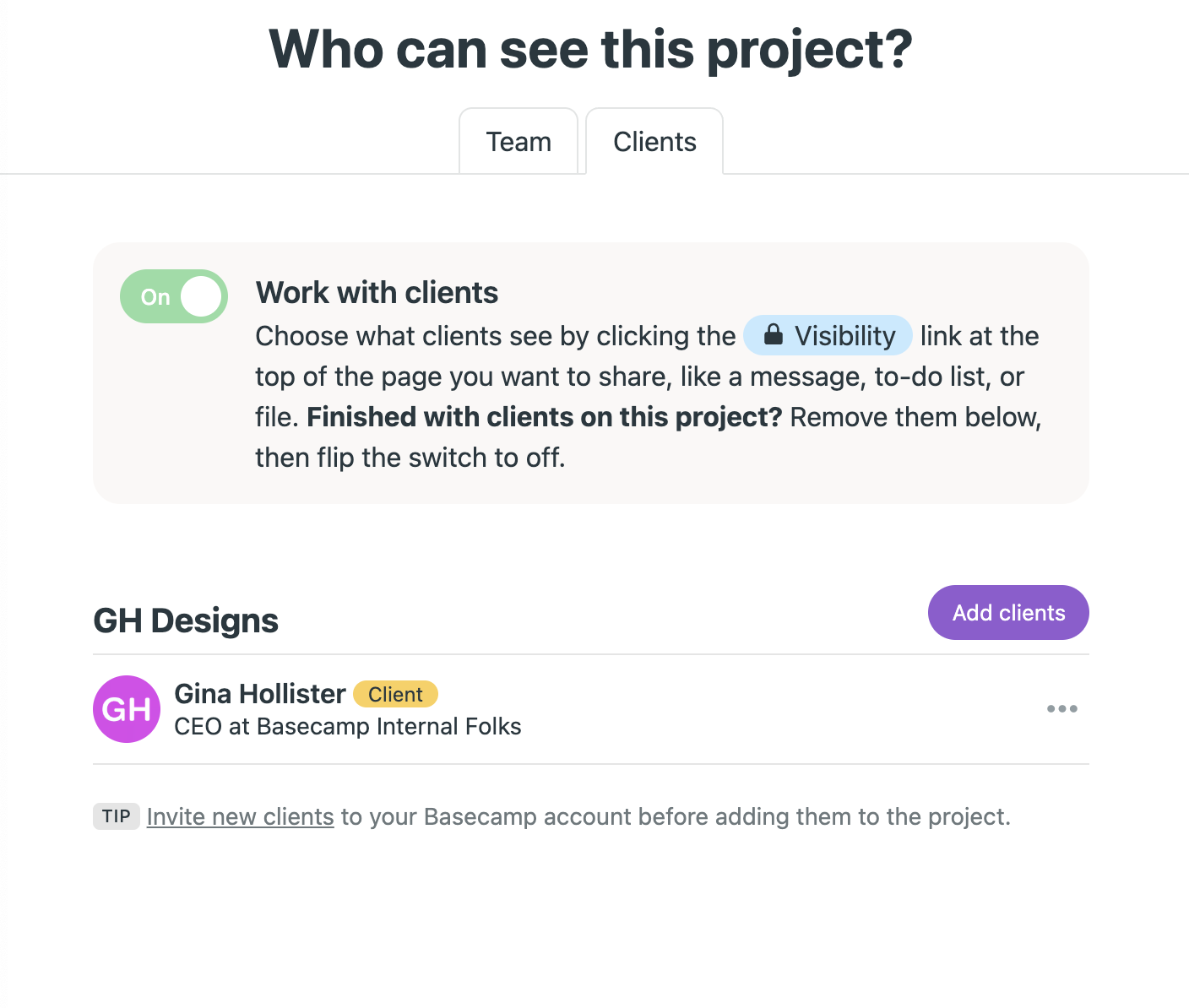 Screenshot of a project's Clients tab with a client company and client added.