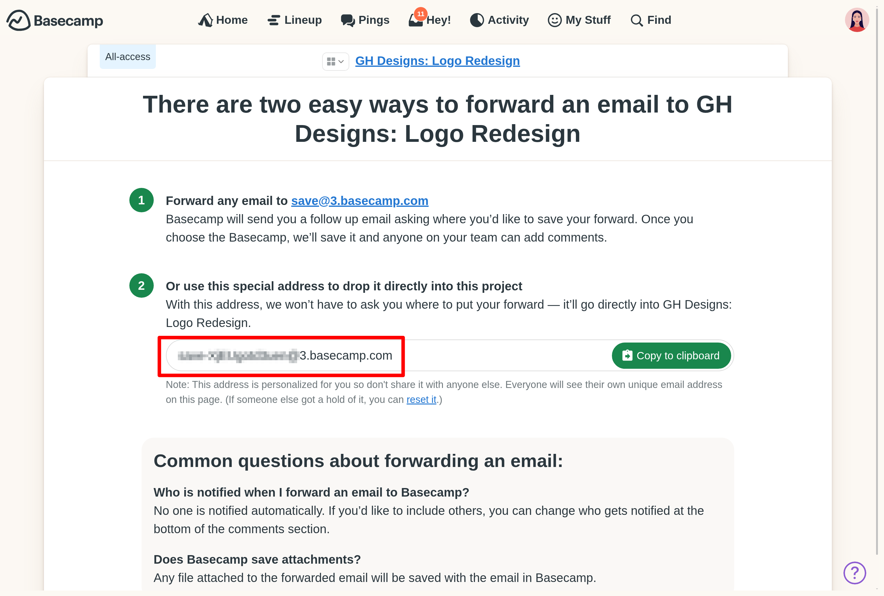 an image with a red box highlighting the special address for email forwards
