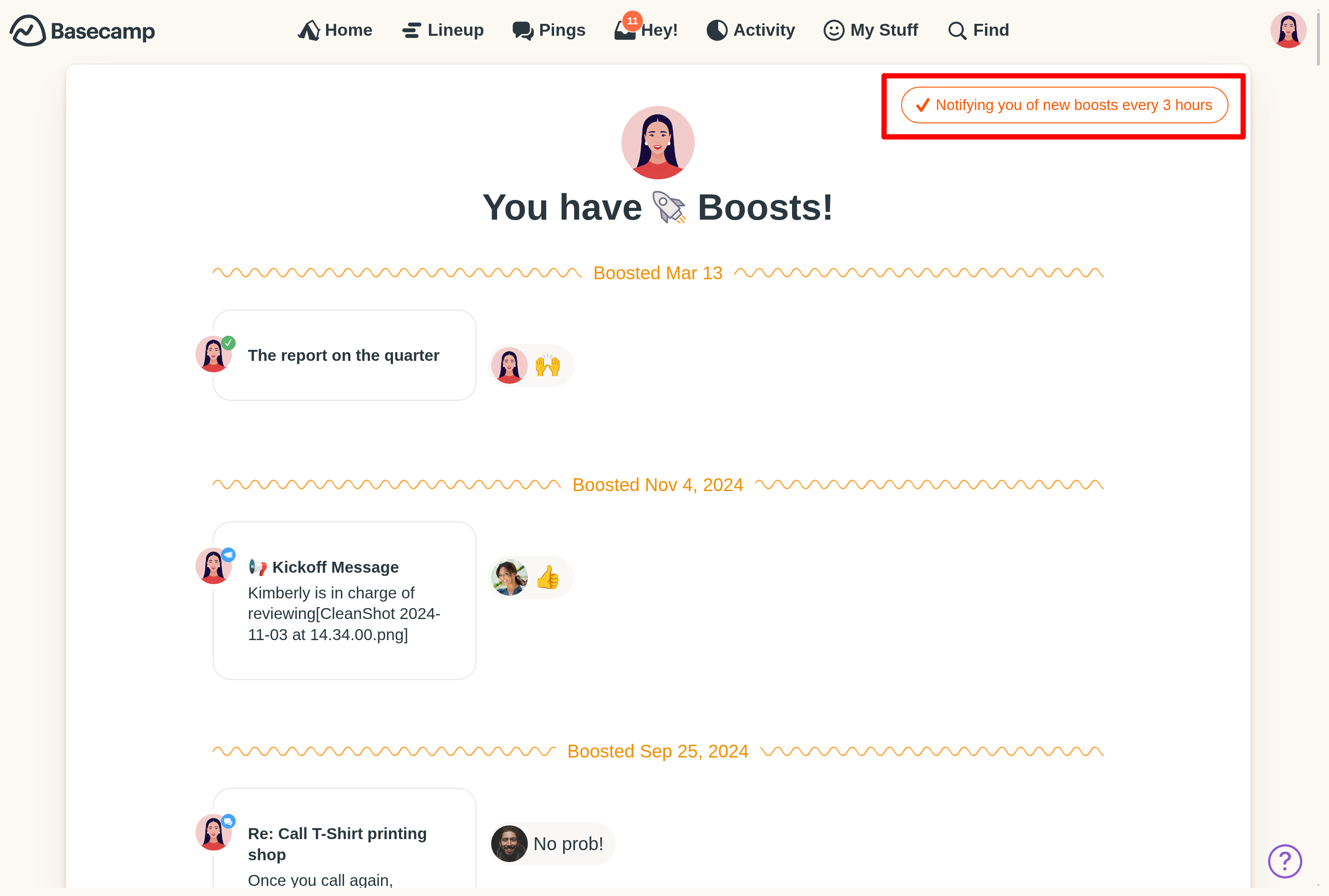 A screenshot of the Boosts report page with an arrow pointing at the button in the top-right corner of the report. You can click it to stop receiving the report..