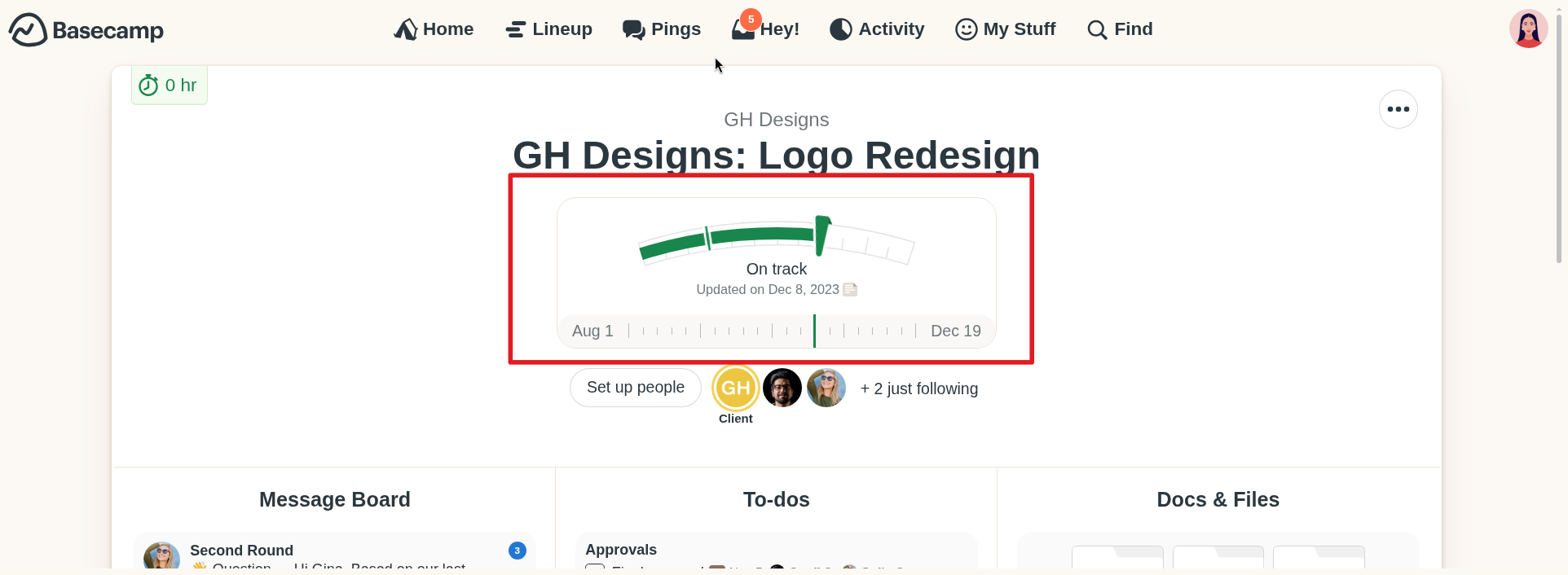 Screenshot of the project page with an arrow pointing at the project start/end dates at the top (it's shown only if you add start/end dates to a project)